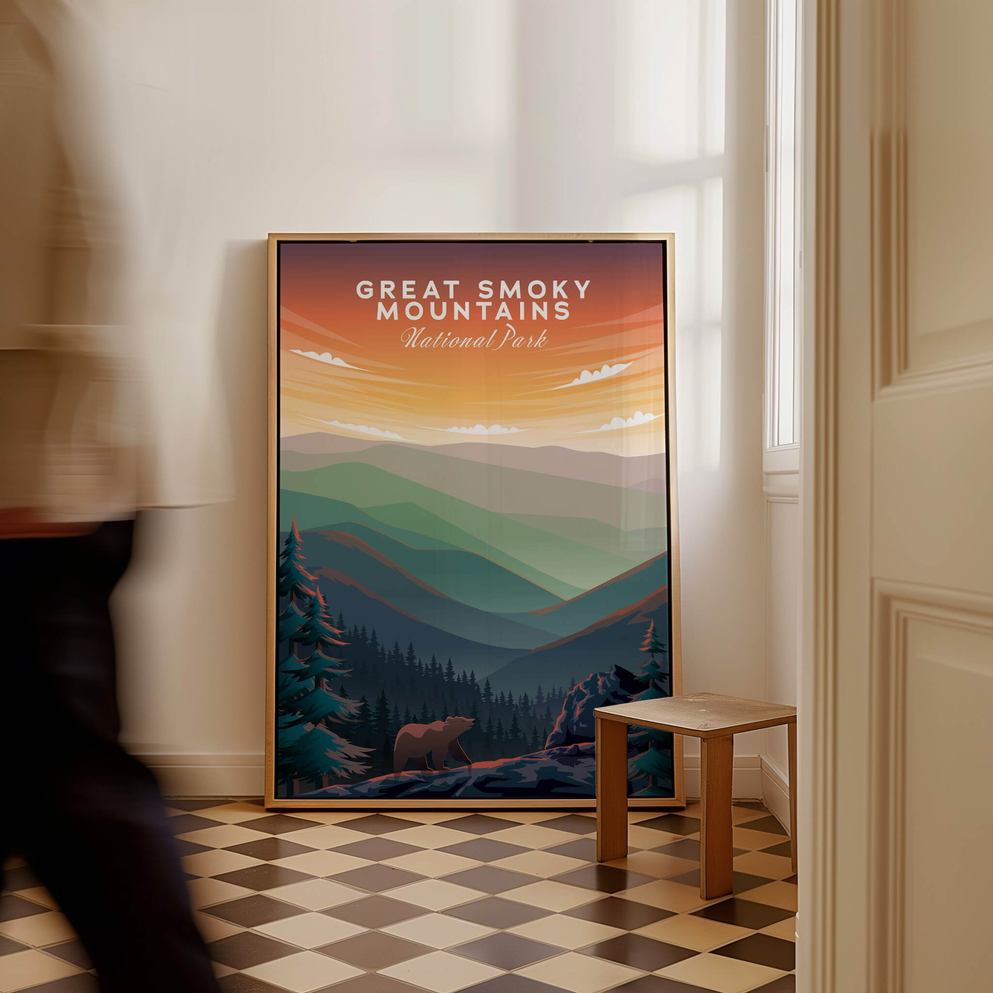 Great Smoky Mountains Print | National Park Poster featuring stunning mountain landscape artwork in a home setting.