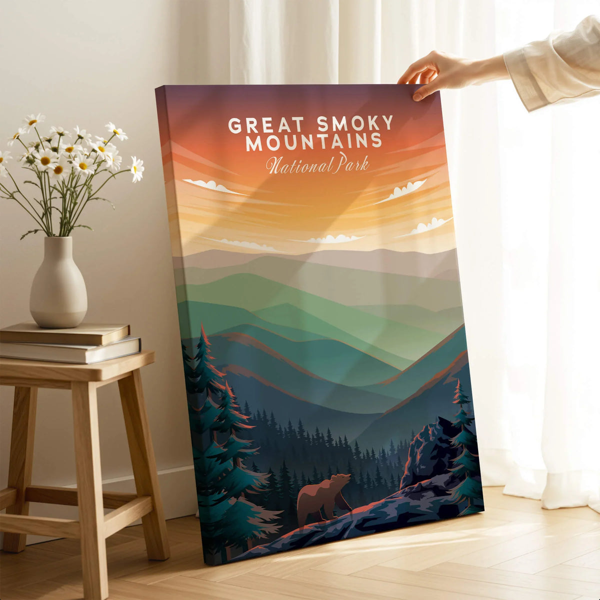 Great Smoky Mountains Print | National Park Poster featuring a sunset over mountains and a bear