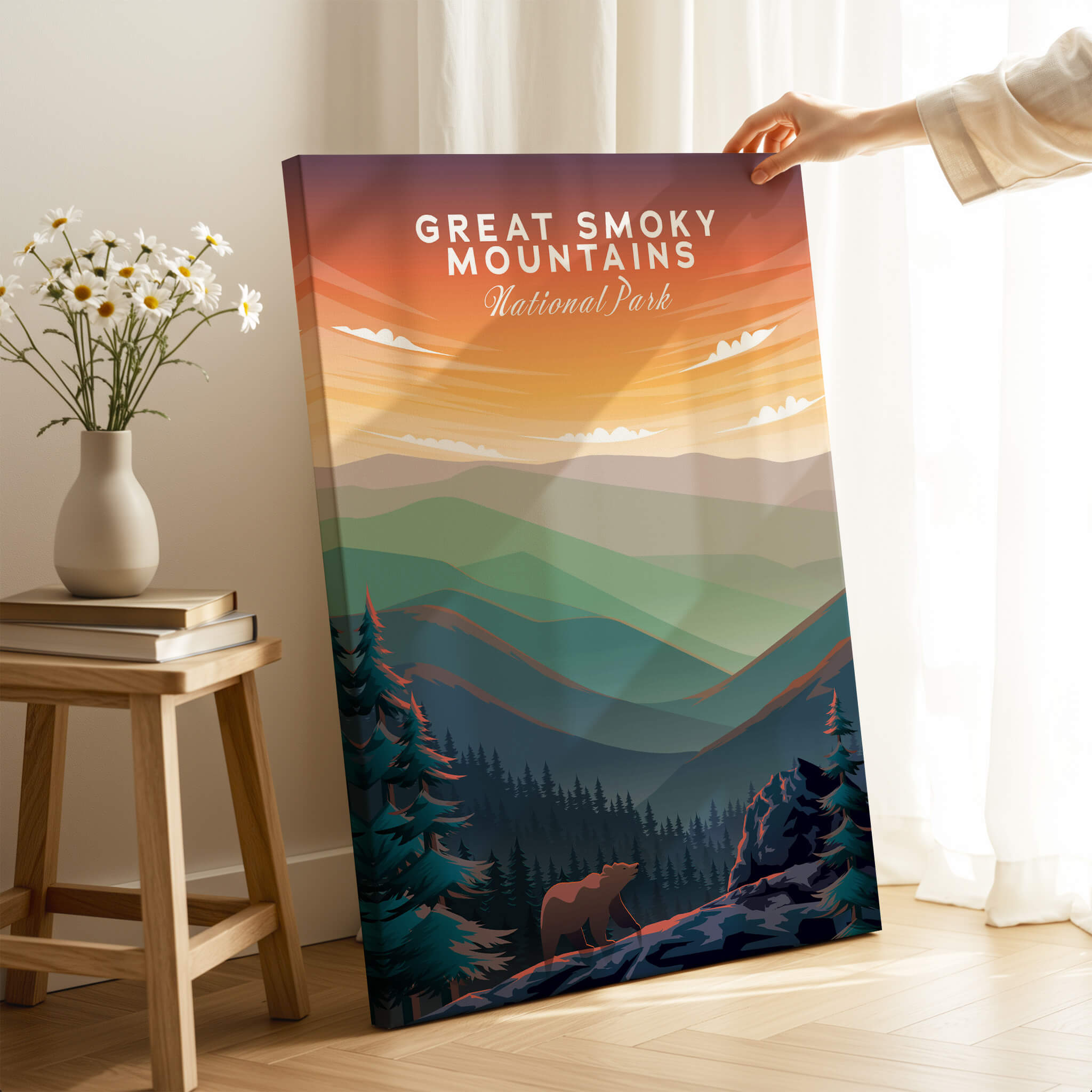 Great Smoky Mountains Print | National Park Poster featuring a sunset over mountains and a bear