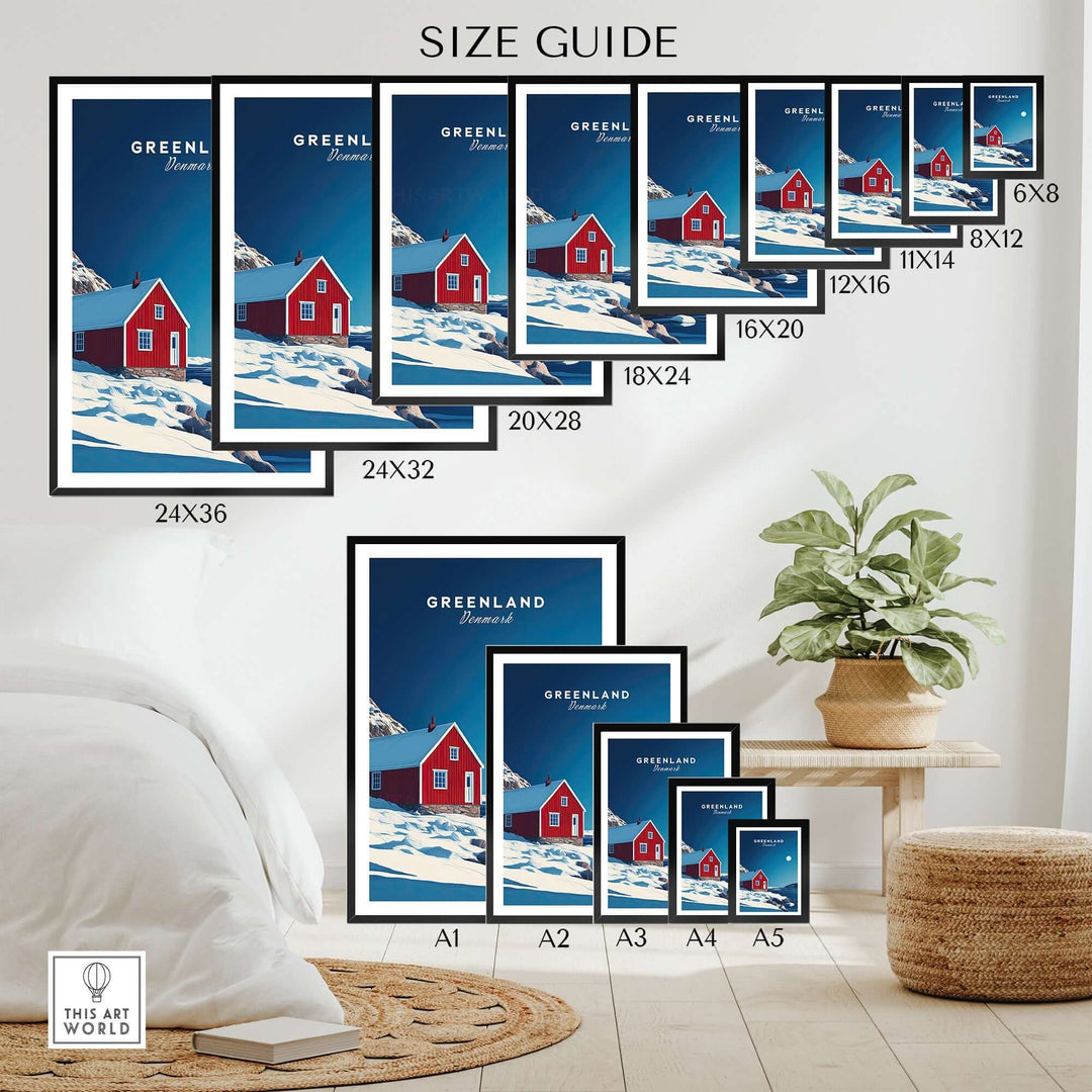 Size guide for Greenland travel poster, showcasing various dimensions and vibrant landscape design options.