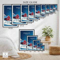 Greenland Travel Poster size guide showing various sizes and vibrant design options for your home decor.