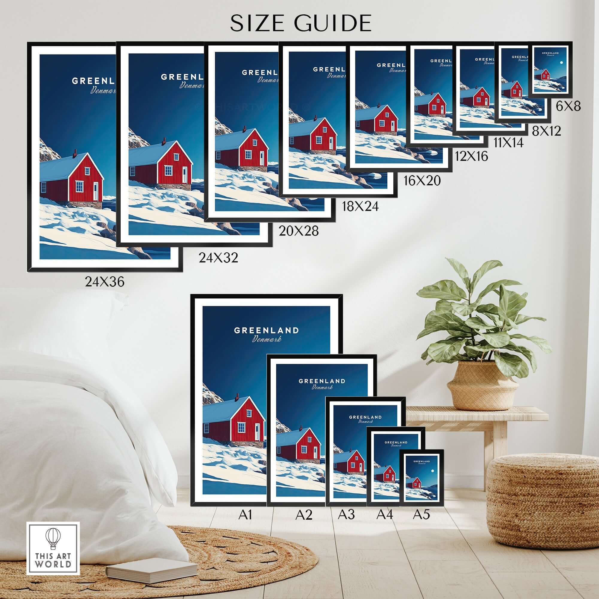 Greenland Travel Poster size guide showing various sizes and vibrant design options for your home decor.