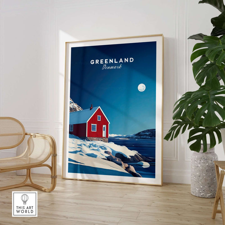 Greenland travel poster featuring a red house against a snowy landscape and moonlit sky, perfect for home decor.