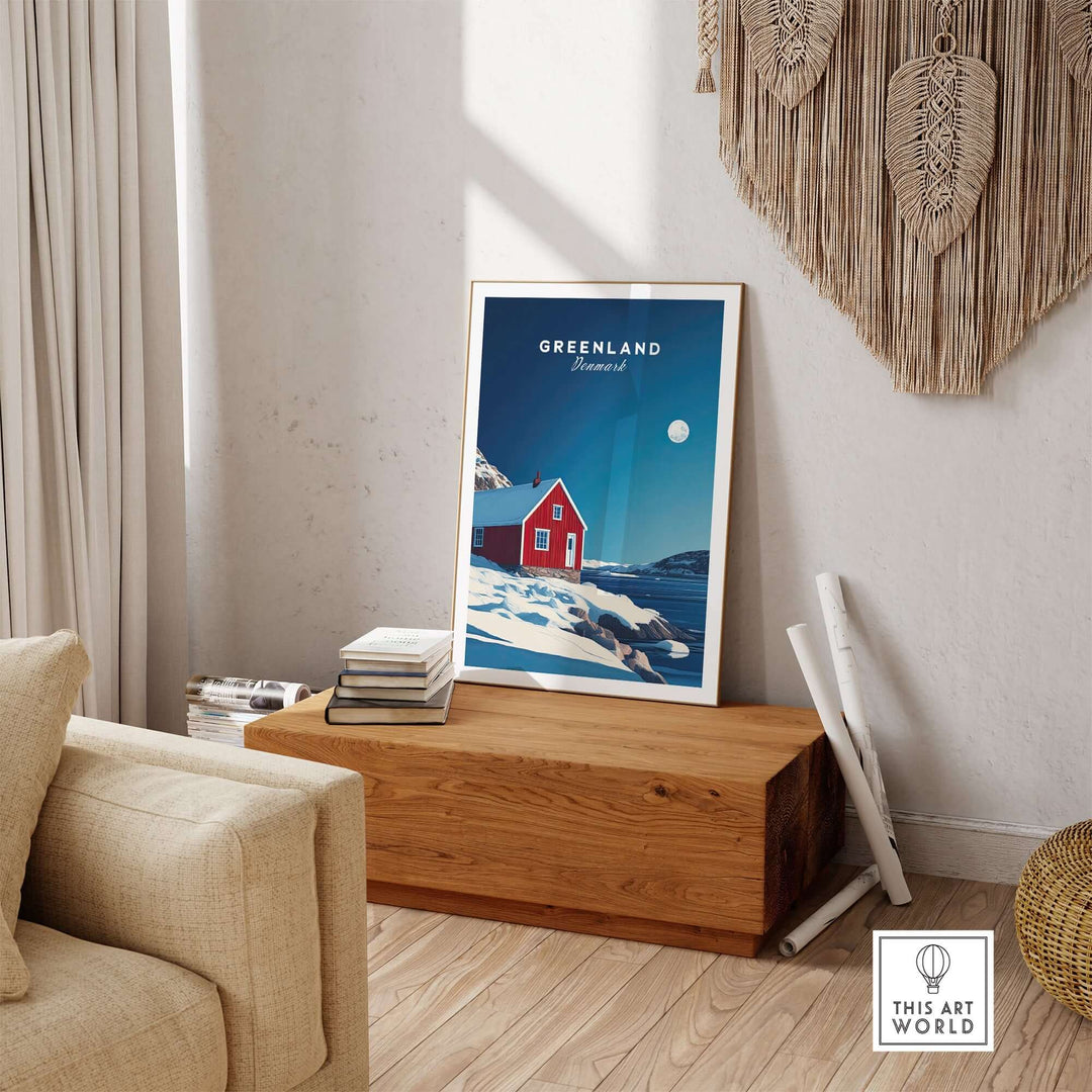 Greenland travel poster featuring a red house by icy landscapes, perfect for home decor and adventure inspiration.