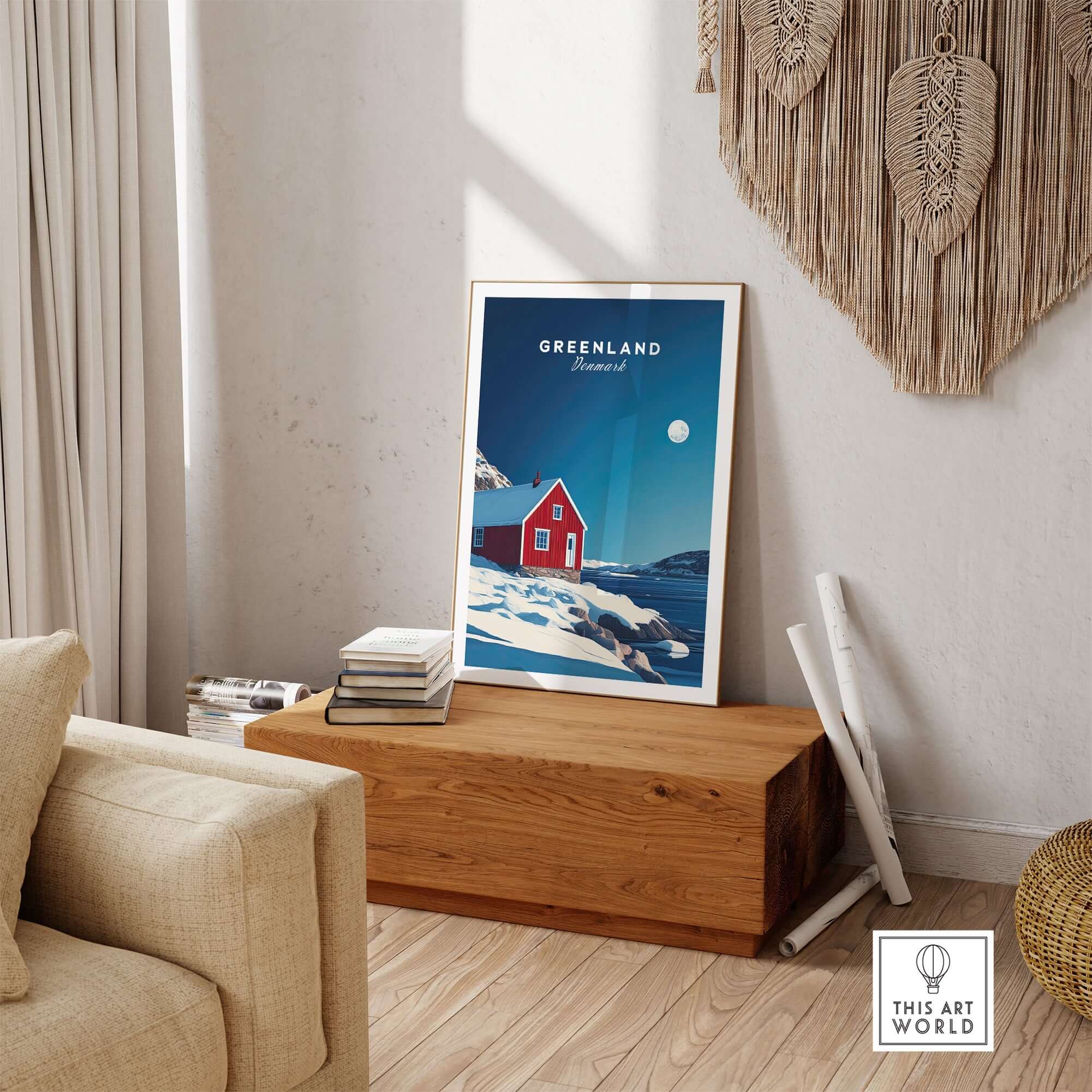Greenland Travel Poster showcasing a vibrant landscape with a red house and icy scenery in a stylish living room setting.