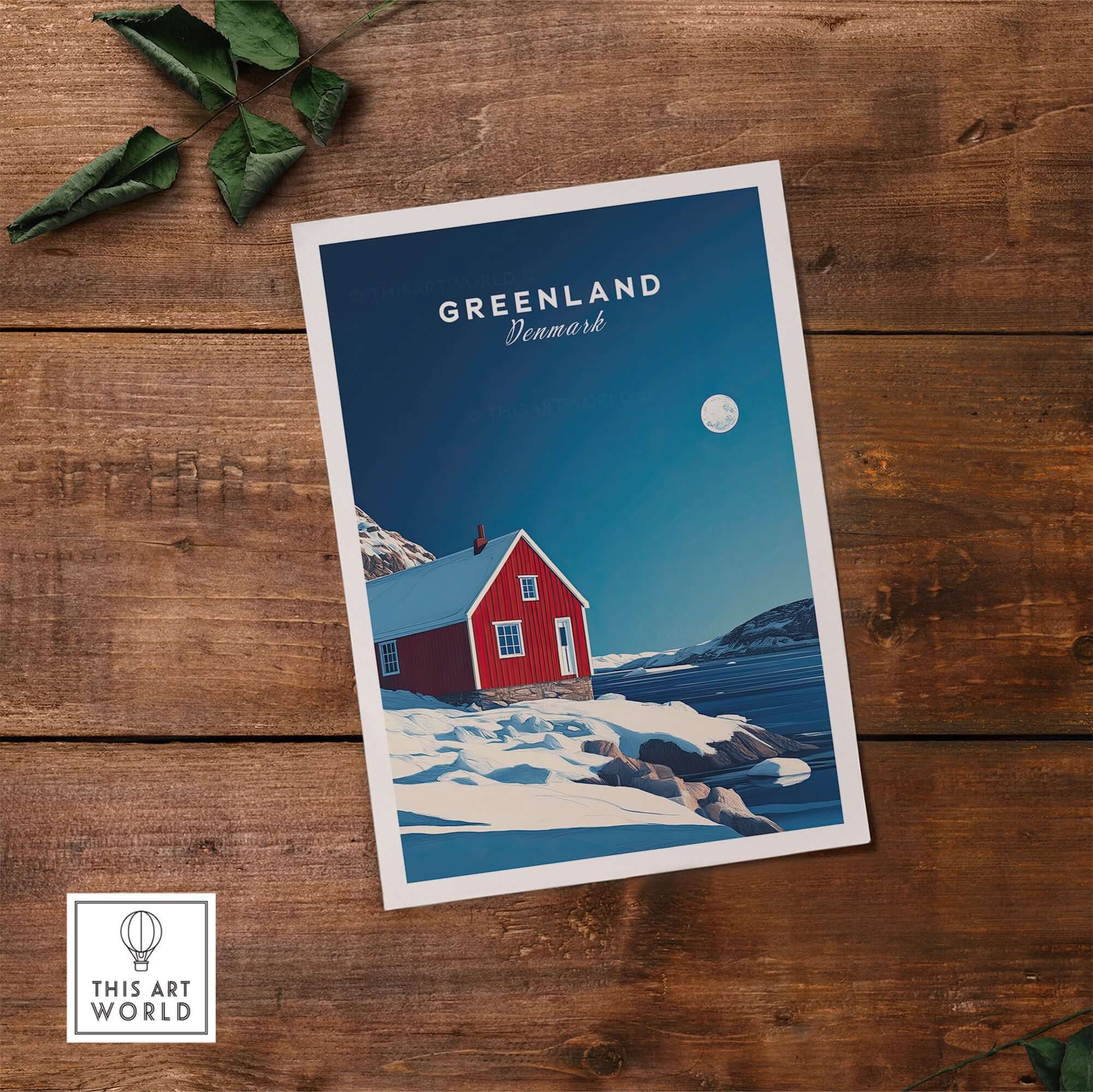 Greenland Travel Poster featuring a red house under a blue sky with a full moon and snowy landscape.