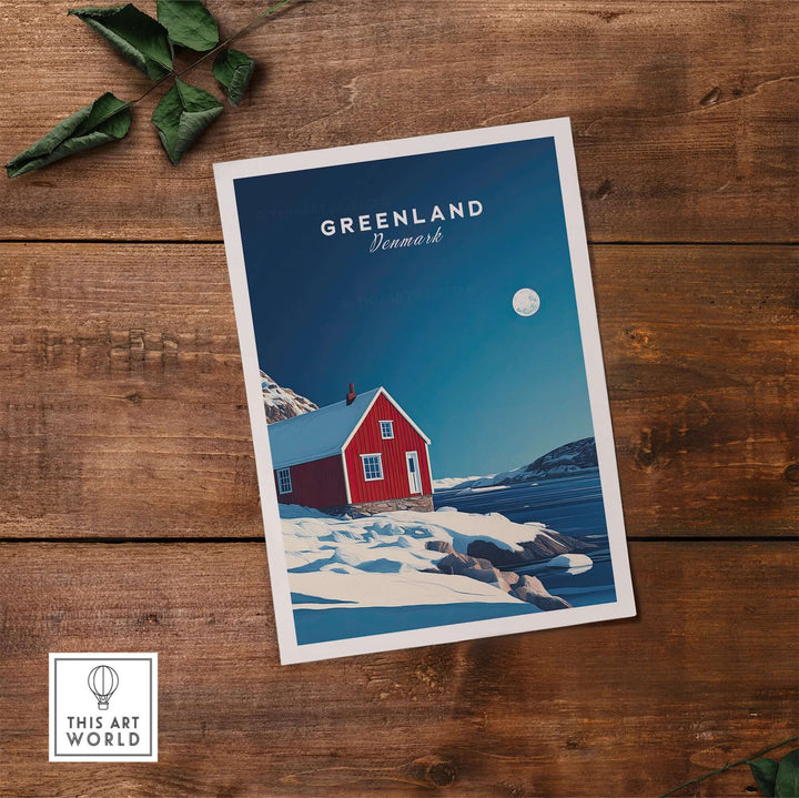 Greenland travel poster showcasing a red house against a snowy landscape and blue sky, evoking adventure and beauty.