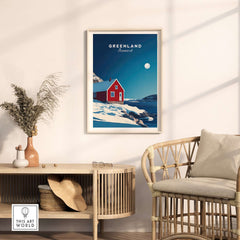 Greenland Travel Poster featuring a red house against a snowy landscape and night sky, perfect for home decor.