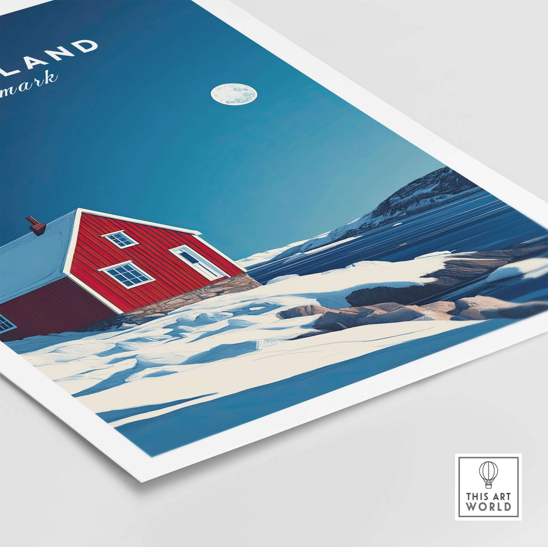 Greenland travel poster featuring a red house surrounded by snow and a moonlit sky, capturing Greenland's stunning landscapes.