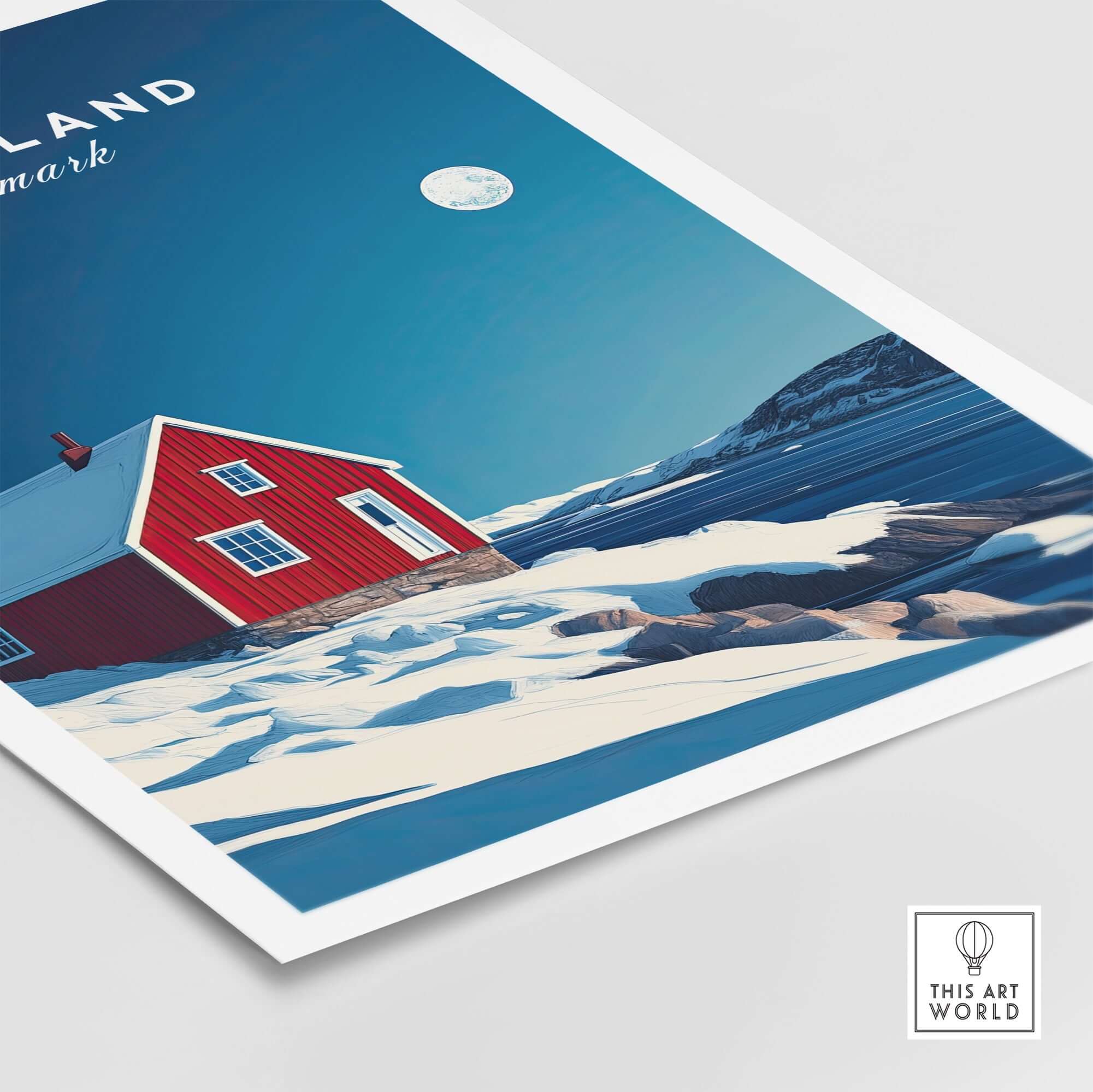Greenland Travel Poster showcasing a vibrant red house on snow-covered terrain with a moonlit sky.