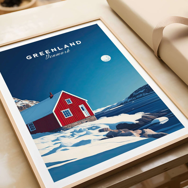 Greenland travel poster featuring a red house in a snowy landscape under a blue sky and moon, showcasing natural beauty.