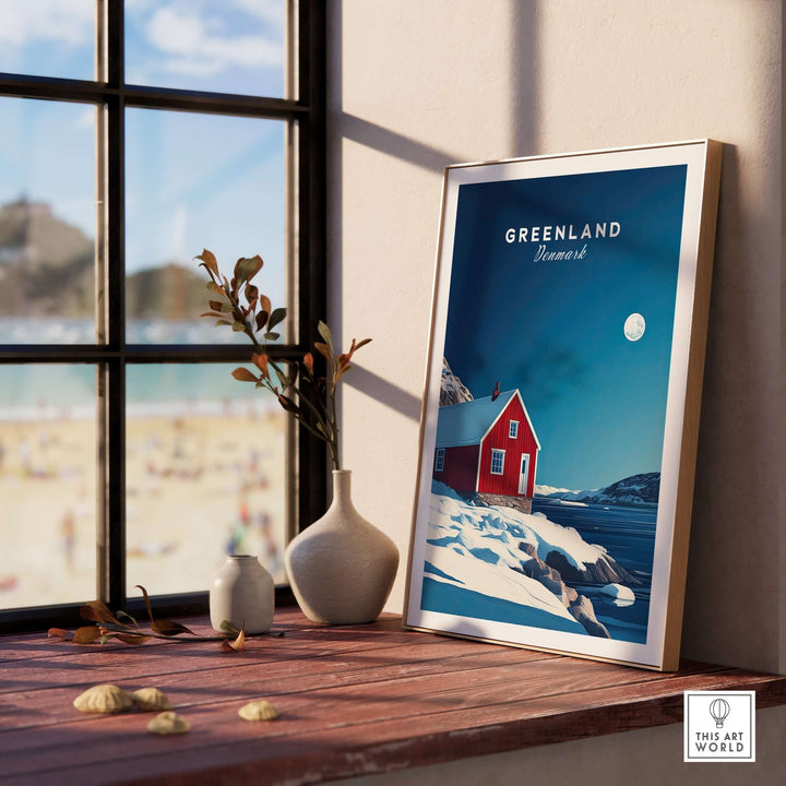 Greenland travel poster featuring a red house against a snowy landscape, showcasing vibrant colors and serene beauty.