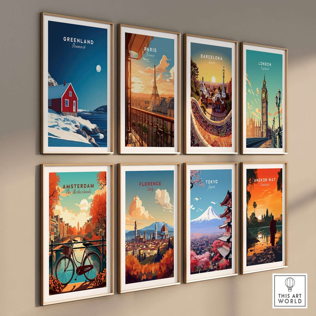 Collection of vibrant travel posters featuring destinations like Greenland, Paris, and Tokyo in stylish frames.