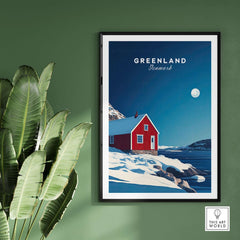 Greenland Travel Poster showcasing a vibrant red house in a snowy landscape under a blue sky.