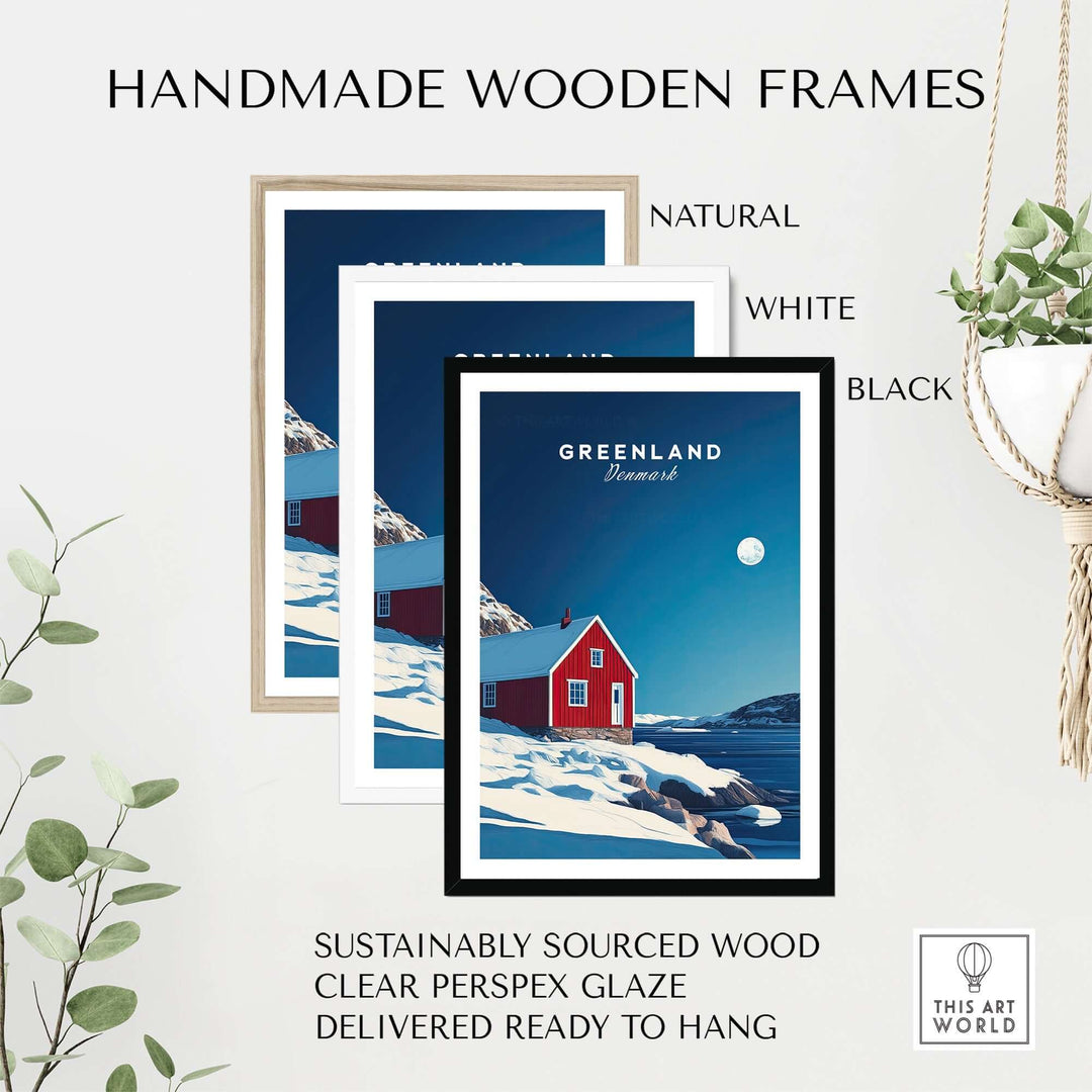 Handmade wooden frames in natural, white, and black for Greenland travel posters, featuring sustainable materials and ready to hang.