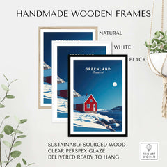 Handmade wooden frames for Greenland Travel Poster in natural, white, and black finishes.