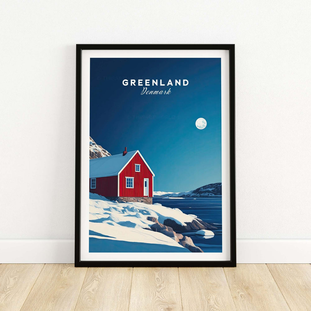 Red house in Greenland travel poster featuring snowy landscape and moonlit sky, showcasing the beauty of this icy destination.