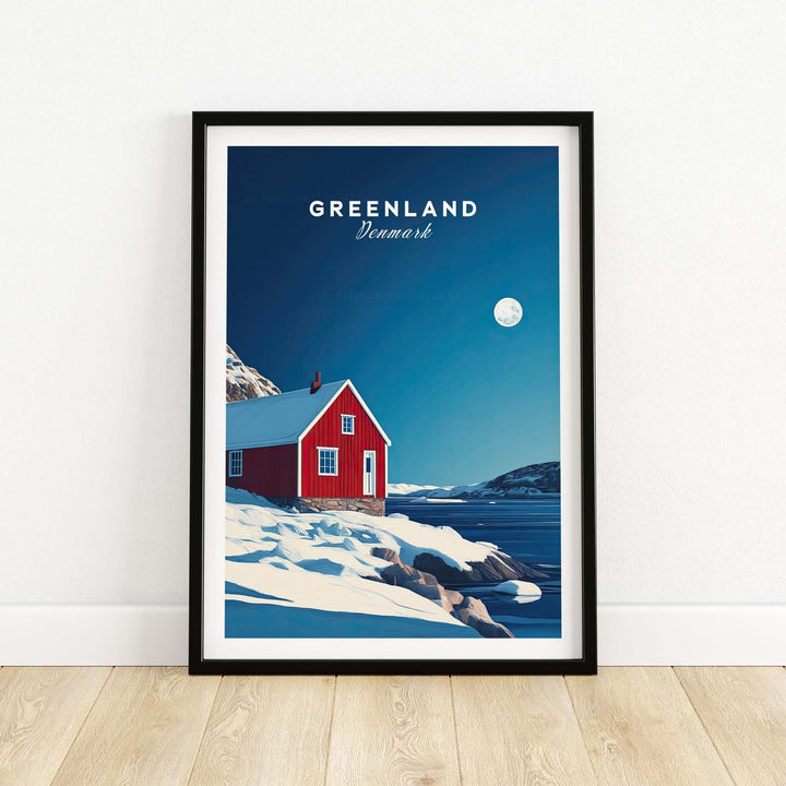 Red house in Greenland travel poster featuring snowy landscape and moonlit sky, showcasing the beauty of this icy destination.