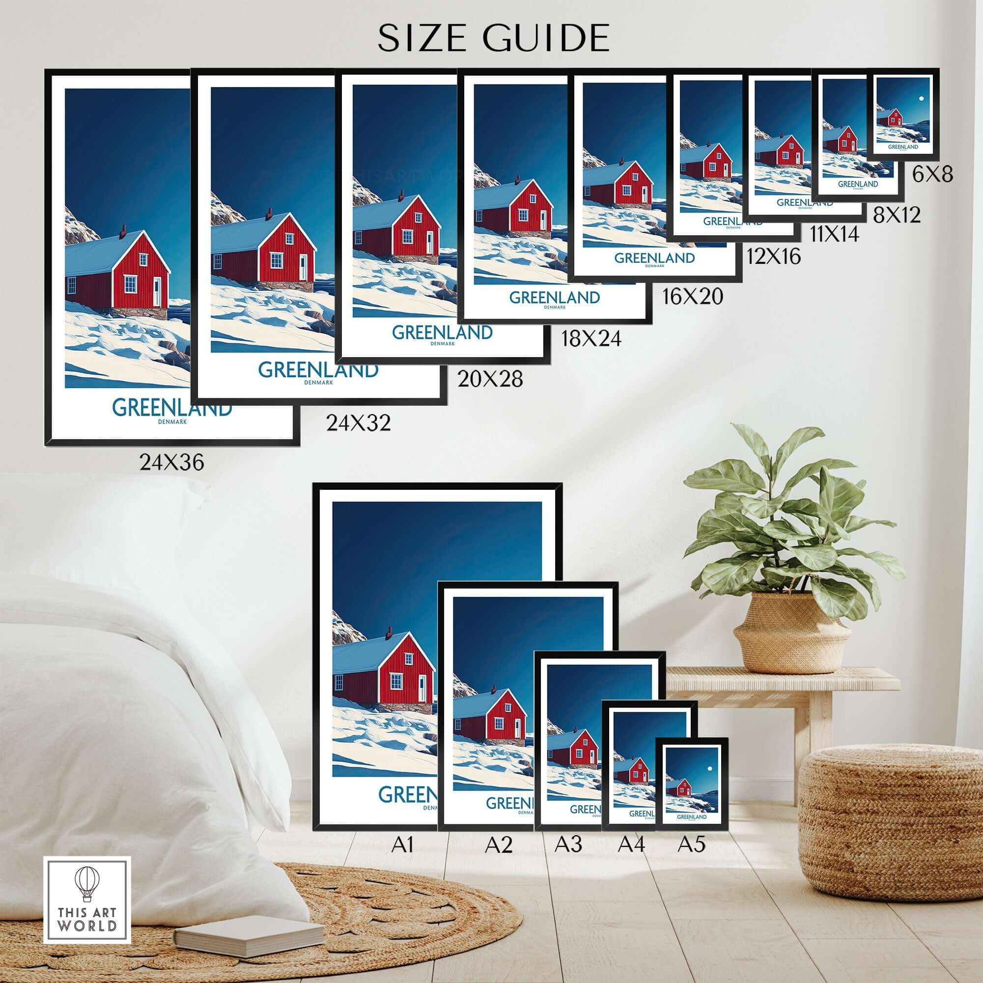 Size guide for Greenland Wall Art showcasing various frame sizes and designs featuring red houses and snowy landscapes.