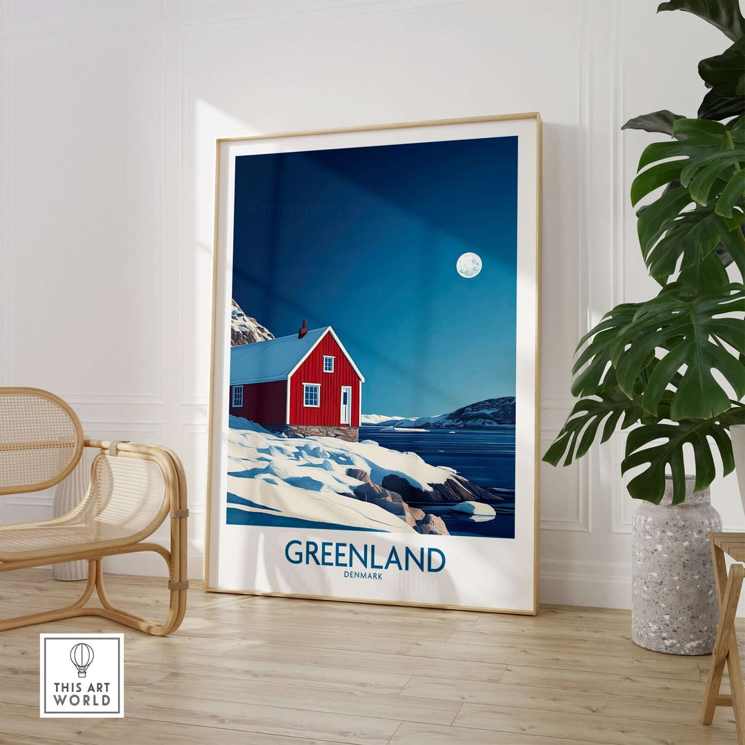 Stunning Greenland wall art featuring a red house against a snowy landscape and moonlight, adding beauty to your interior decor.