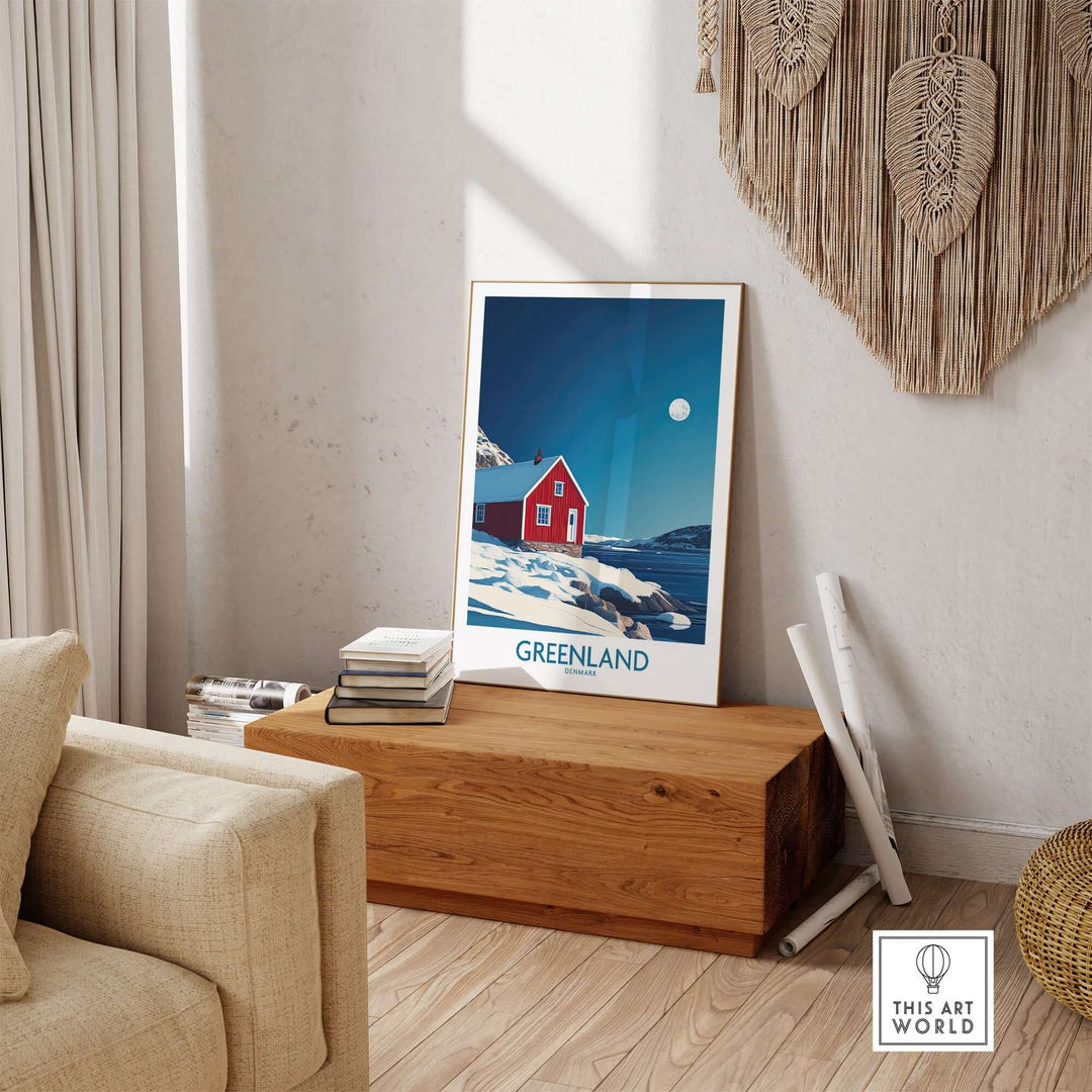 Greenland wall art featuring a red house against a snowy landscape, perfect for adding charm to your home decor.