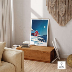 Greenland Wall Art featuring a vibrant red house against a stunning landscape setting.