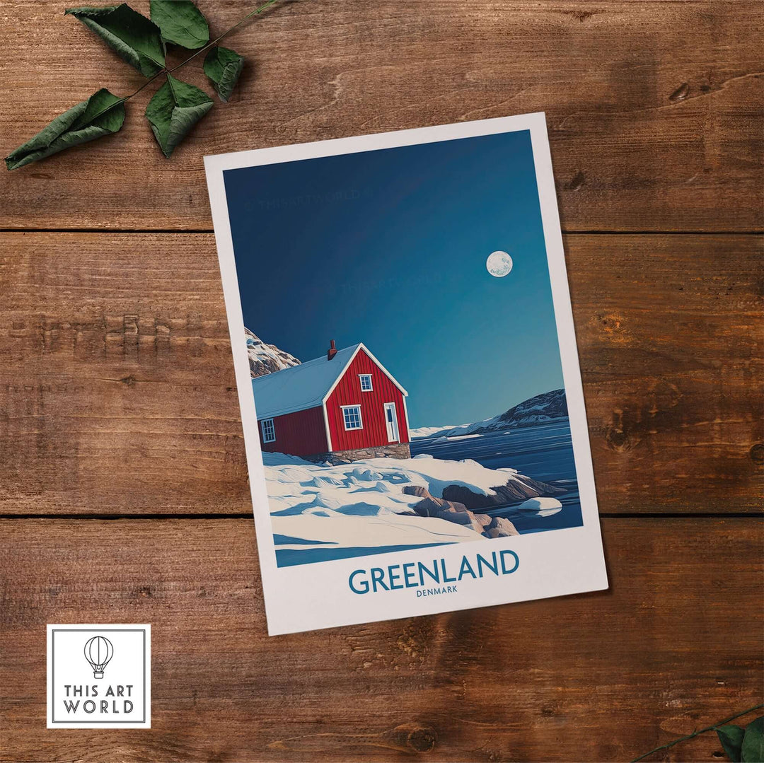 Beautiful Greenland wall art featuring a red house against a snowy landscape, showcasing the essence of this remote destination.