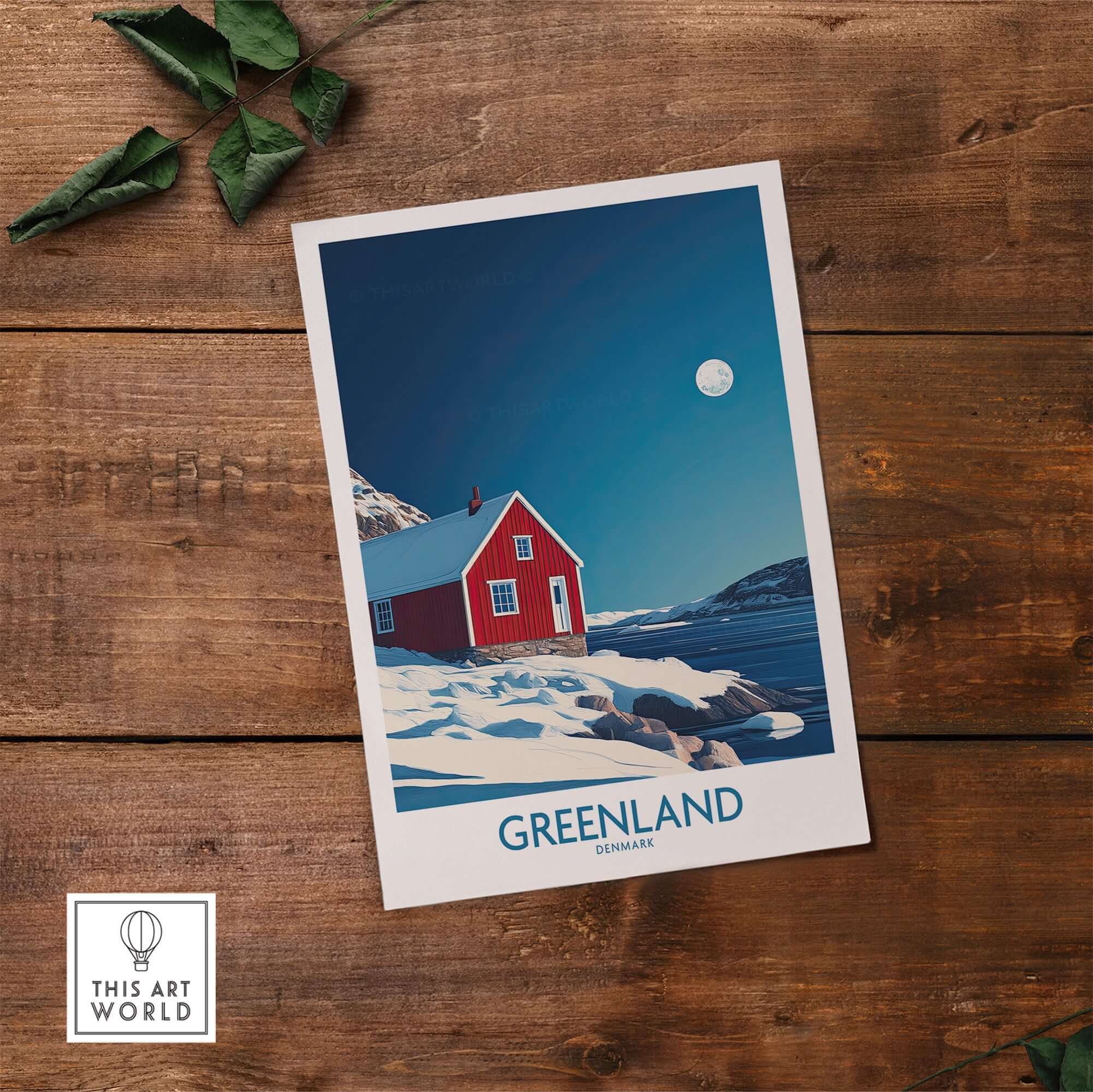 Greenland Wall Art featuring a red house under a full moon surrounded by snow, capturing Greenland's stunning beauty.