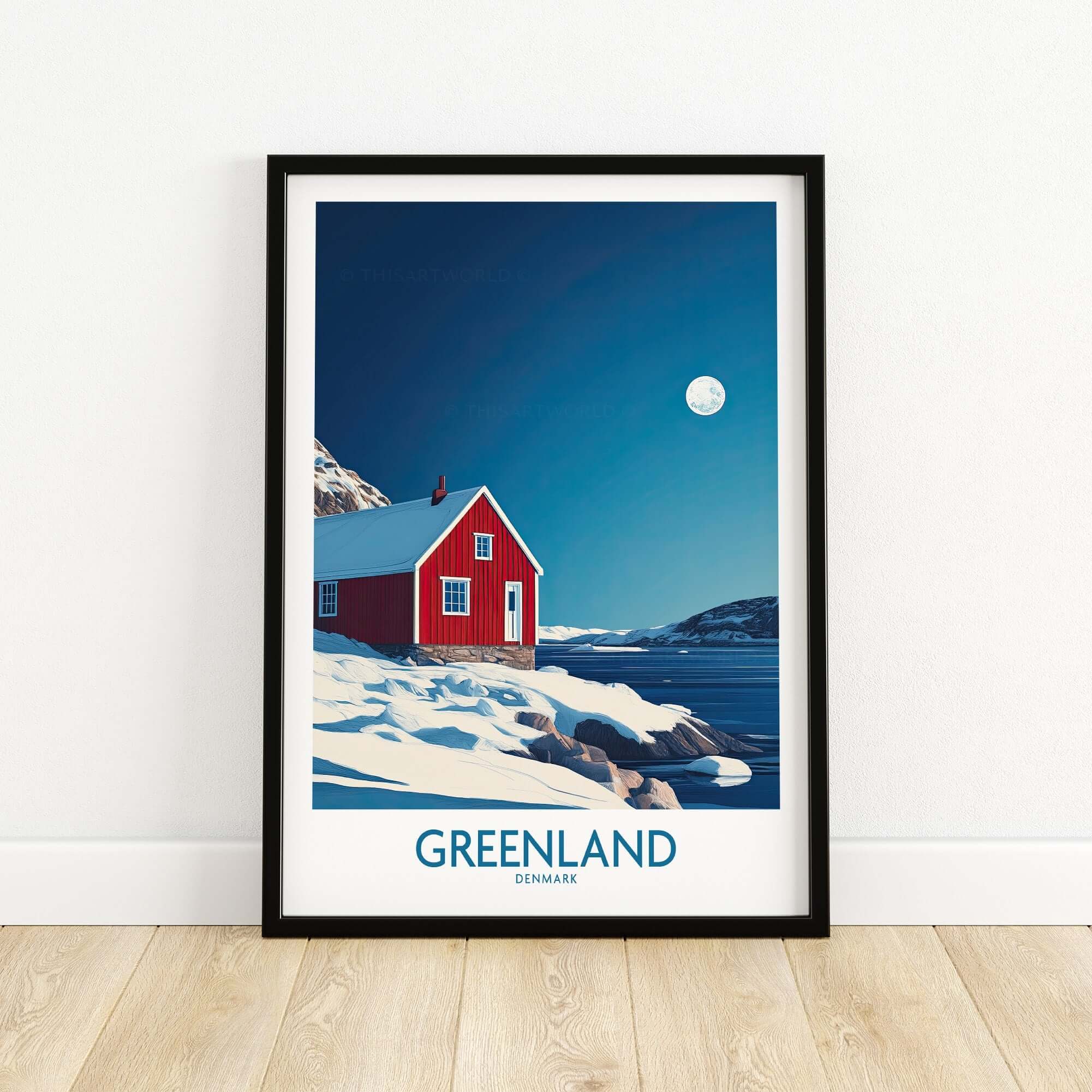 Greenland Wall Art featuring a red house under a clear blue sky and moon, depicting the beauty of Greenland.
