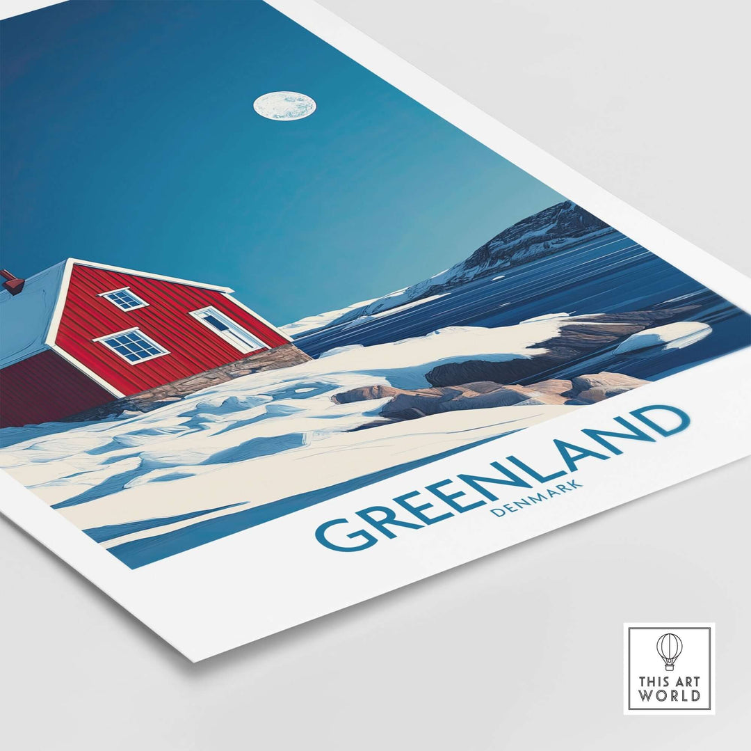 Stunning Greenland wall art featuring a red house on snowy landscape under a clear blue sky and moon. Perfect for home decor.