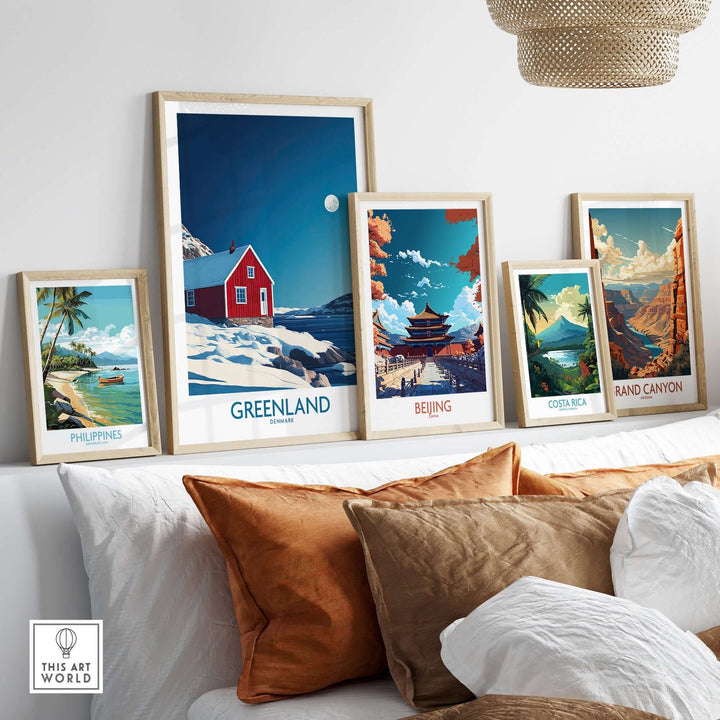 Beautiful travel wall art featuring Greenland, Beijing, Costa Rica, and the Grand Canyon displayed on a cozy interior wall.