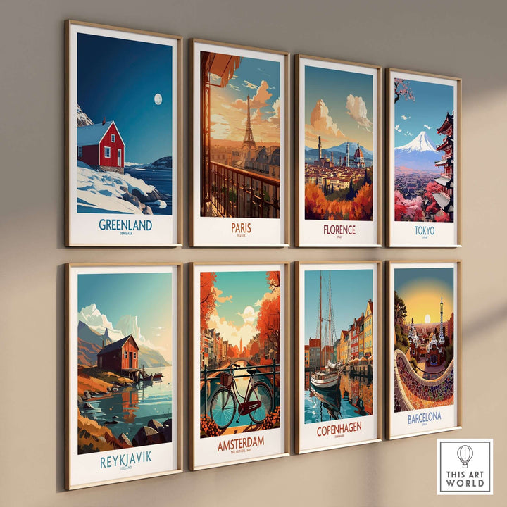 Colorful wall art collection featuring travel posters of Greenland, Paris, Florence, Tokyo, Reykjavik, Amsterdam, Copenhagen, and Barcelona.