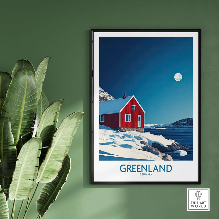 Stunning Greenland wall art featuring a red house against a snowy landscape under a bright moon. Perfect for home decor.