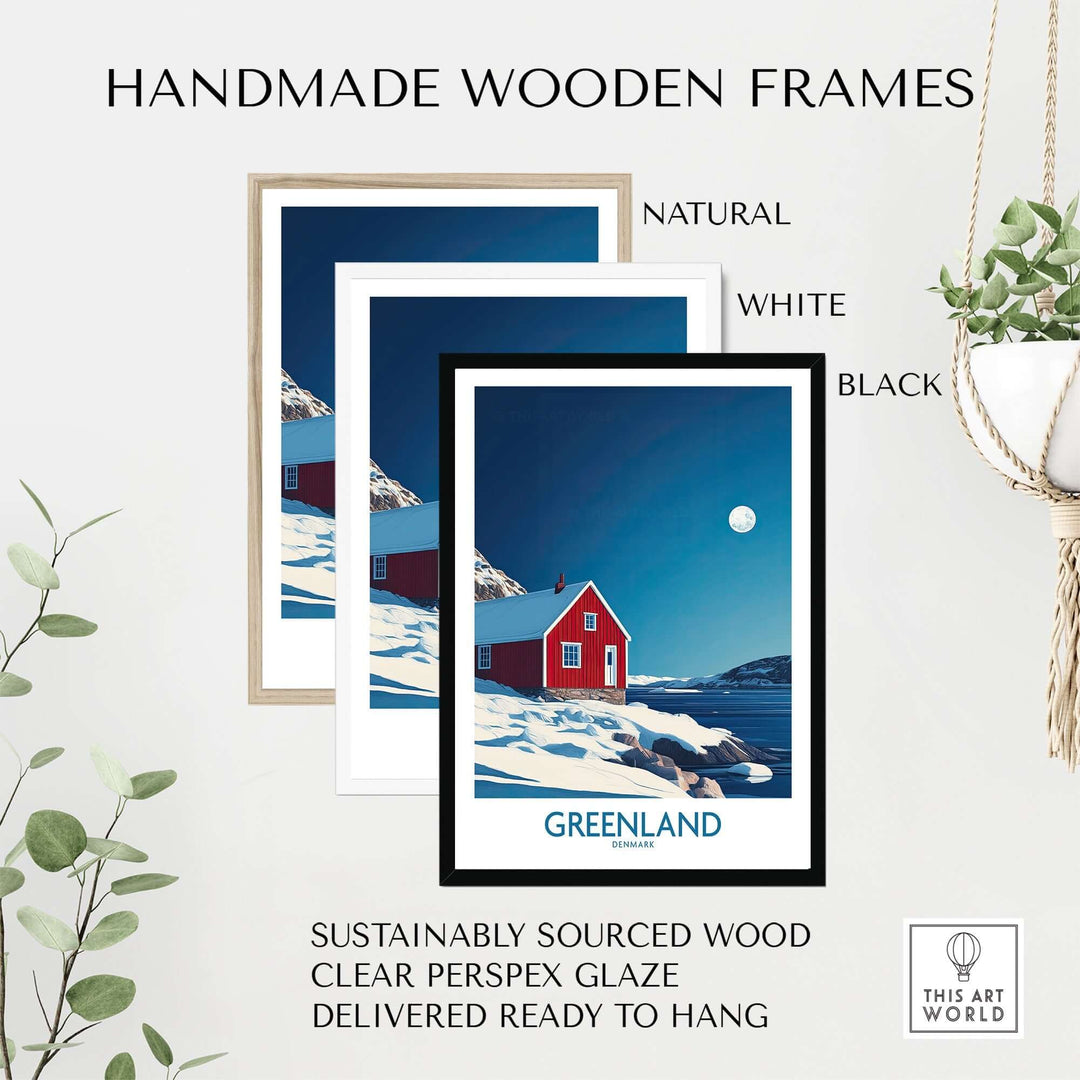 Handmade wooden frames in natural, white, and black for Greenland travel wall art, sustainably sourced and ready to hang.