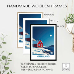 Greenland Wall Art featuring handmade frames in natural, white, and black finishes, showcasing stunning landscapes.