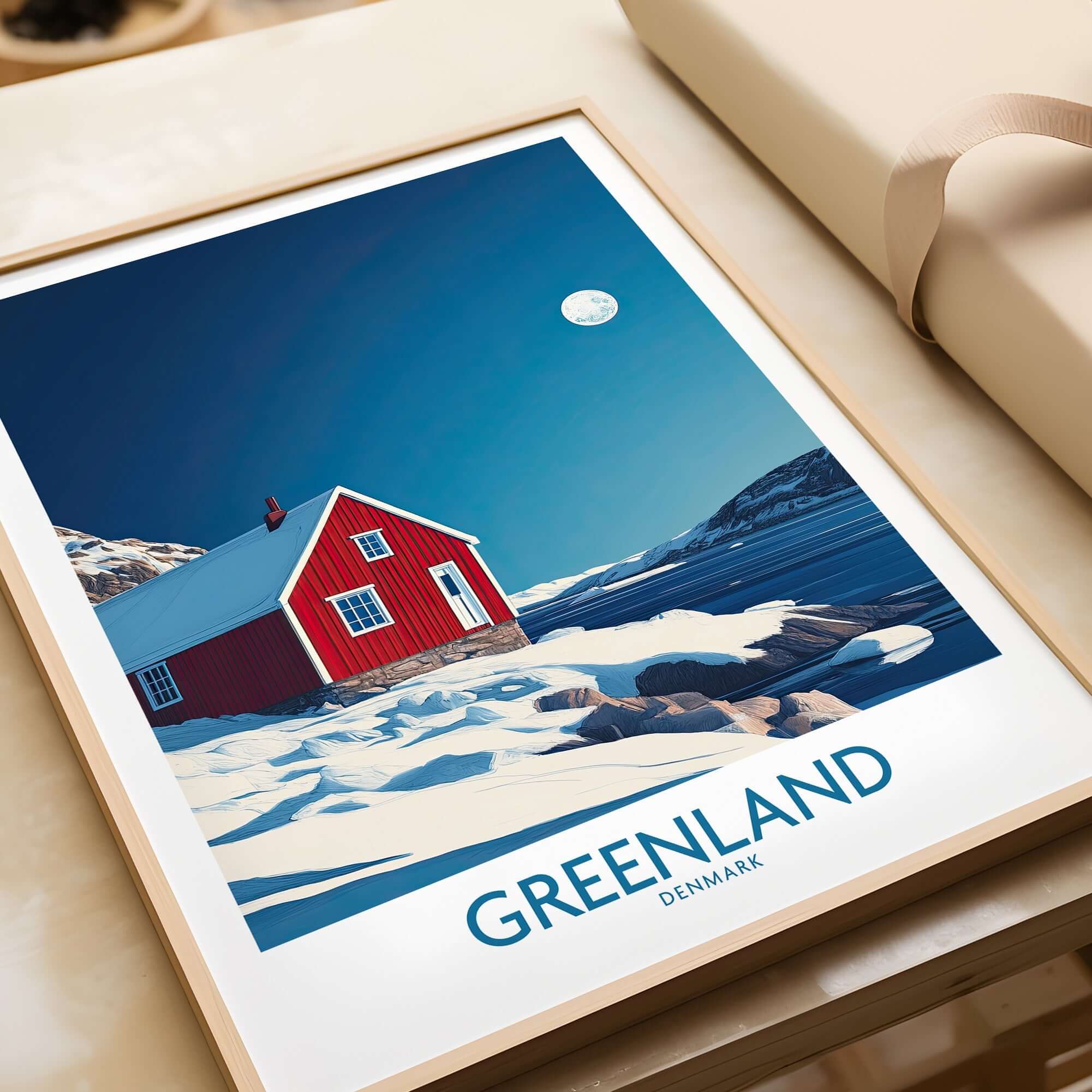 Greenland Wall Art showcasing a red house against icy landscapes under a moonlit sky in Denmark.