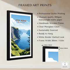Framed Gros Morne National Park travel print with mountains and lake, wooden frame, art print details