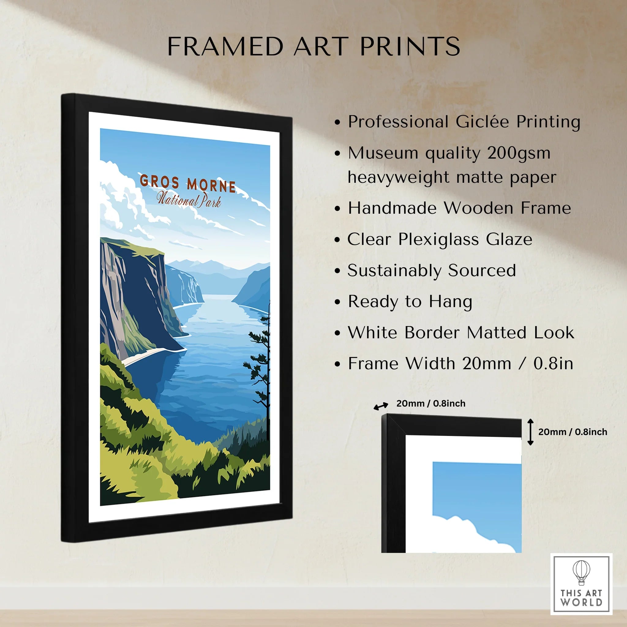 Framed Gros Morne National Park travel print with mountains and lake, wooden frame, art print details