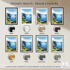 Gros Morne National Park art print displayed in eight frame color options including black, white, natural, brown, gold, silver, dark grey, and light grey.