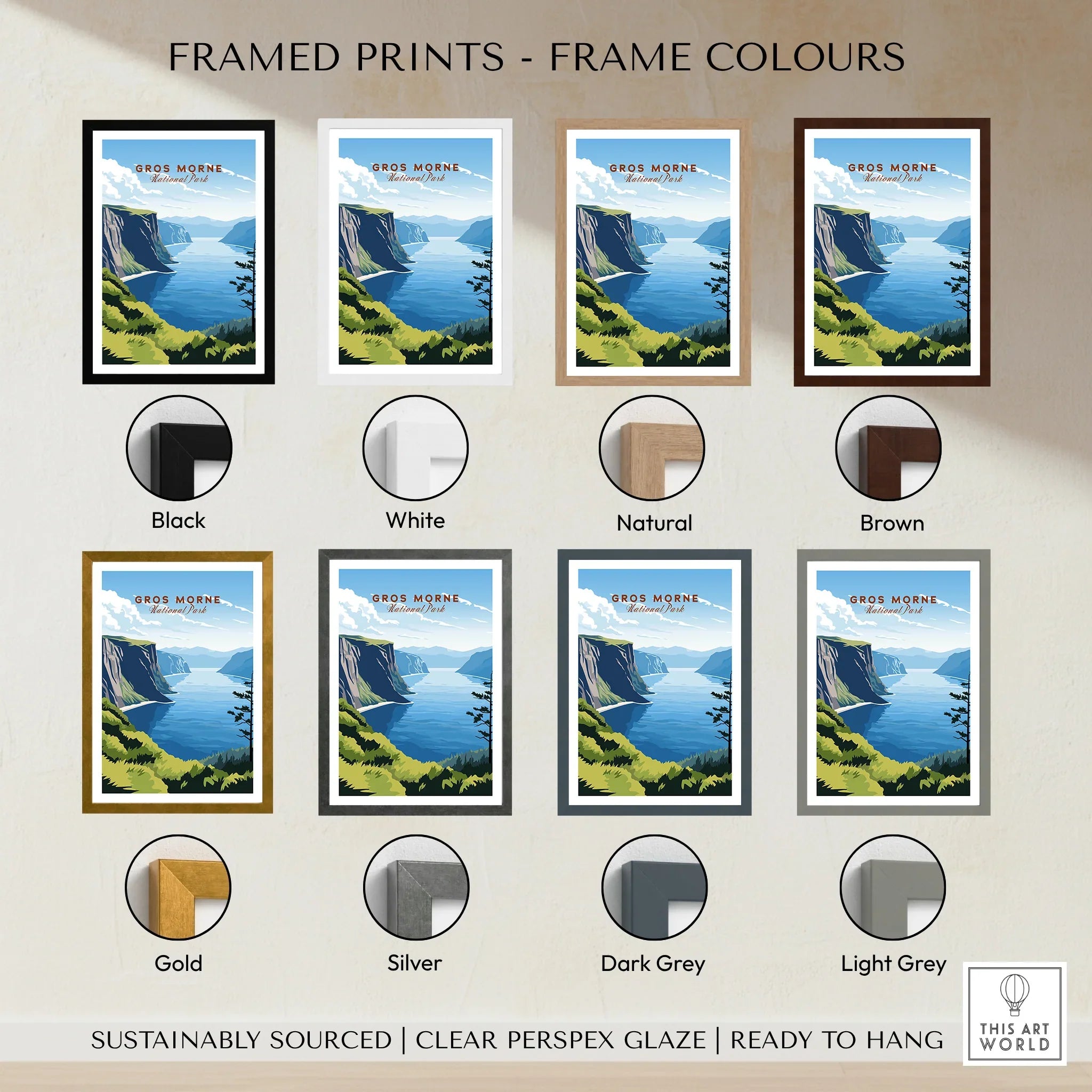 Gros Morne National Park art print displayed in eight frame color options including black, white, natural, brown, gold, silver, dark grey, and light grey.
