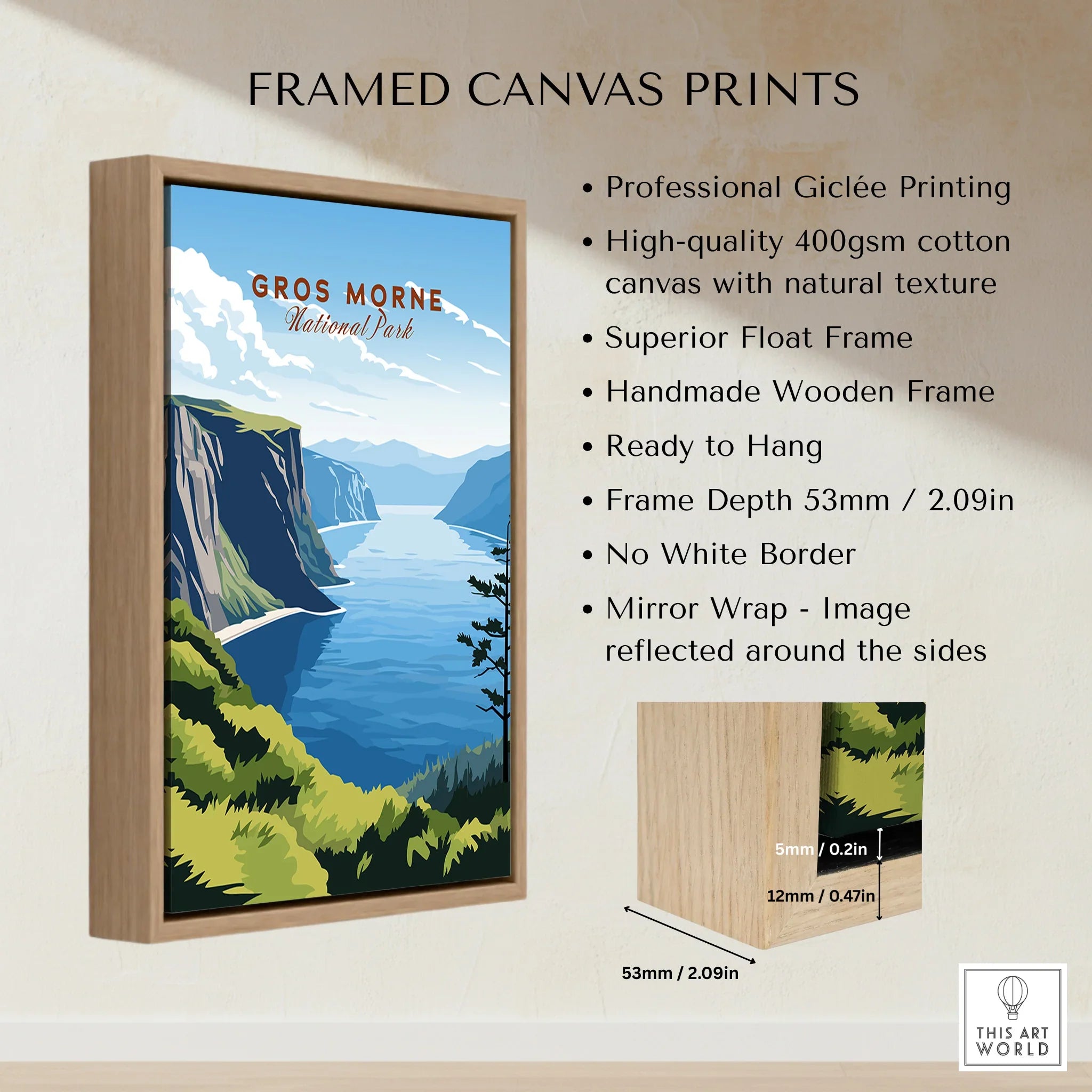 Gros Morne National Park wall art print with float wooden frame, scenic landscape design