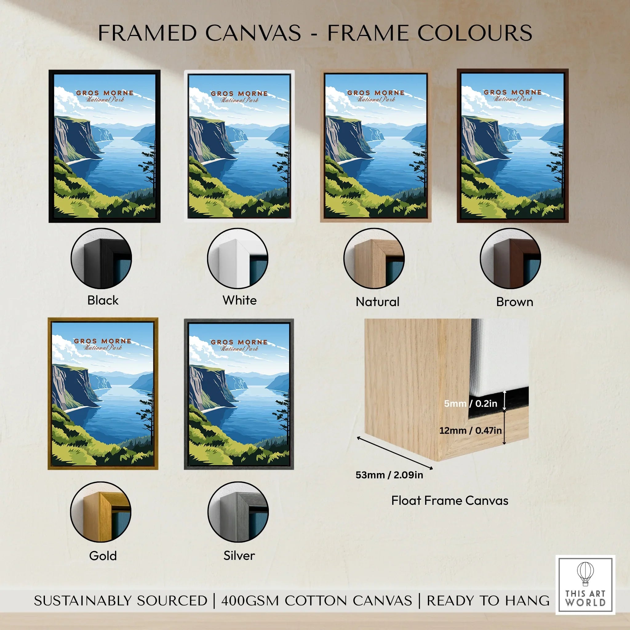 Gros Morne National Park poster wall art on canvas with six frame color options: black, white, natural, brown, gold, silver.