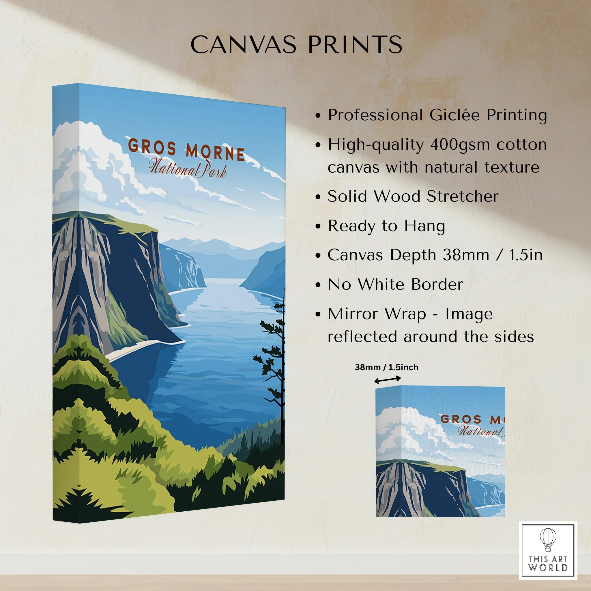 Gros Morne National Park canvas print, mountain landscape with blue sky and lake, cotton canvas wall art