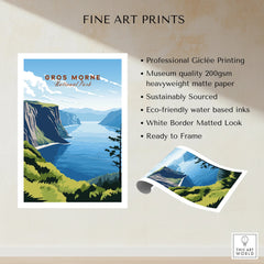 Gros Morne National Park fine art print with scenic cliffs, water, and blue sky, unframed.