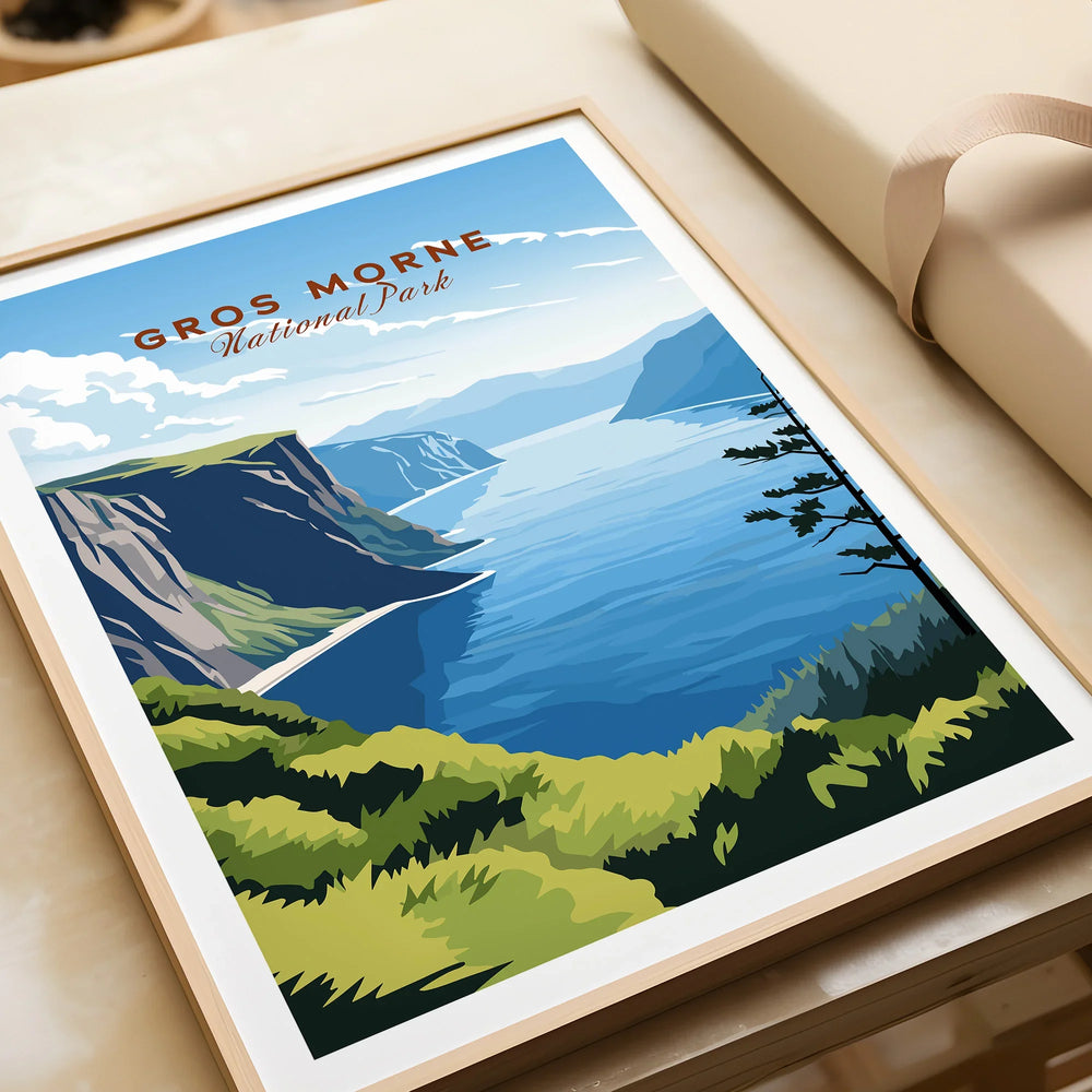 Gros Morne National Park art print with mountains, sea cliffs, and framed in natural wood.