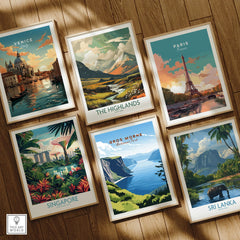 Set of six travel posters with natural wood frames on wooden floor, featuring Venice, Paris, The Highlands, Singapore, Gros Morne National Park, and Sri Lanka.