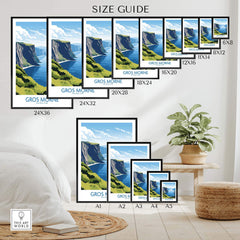 Gros Morne National Park art print size guide showing landscape poster options on wall.