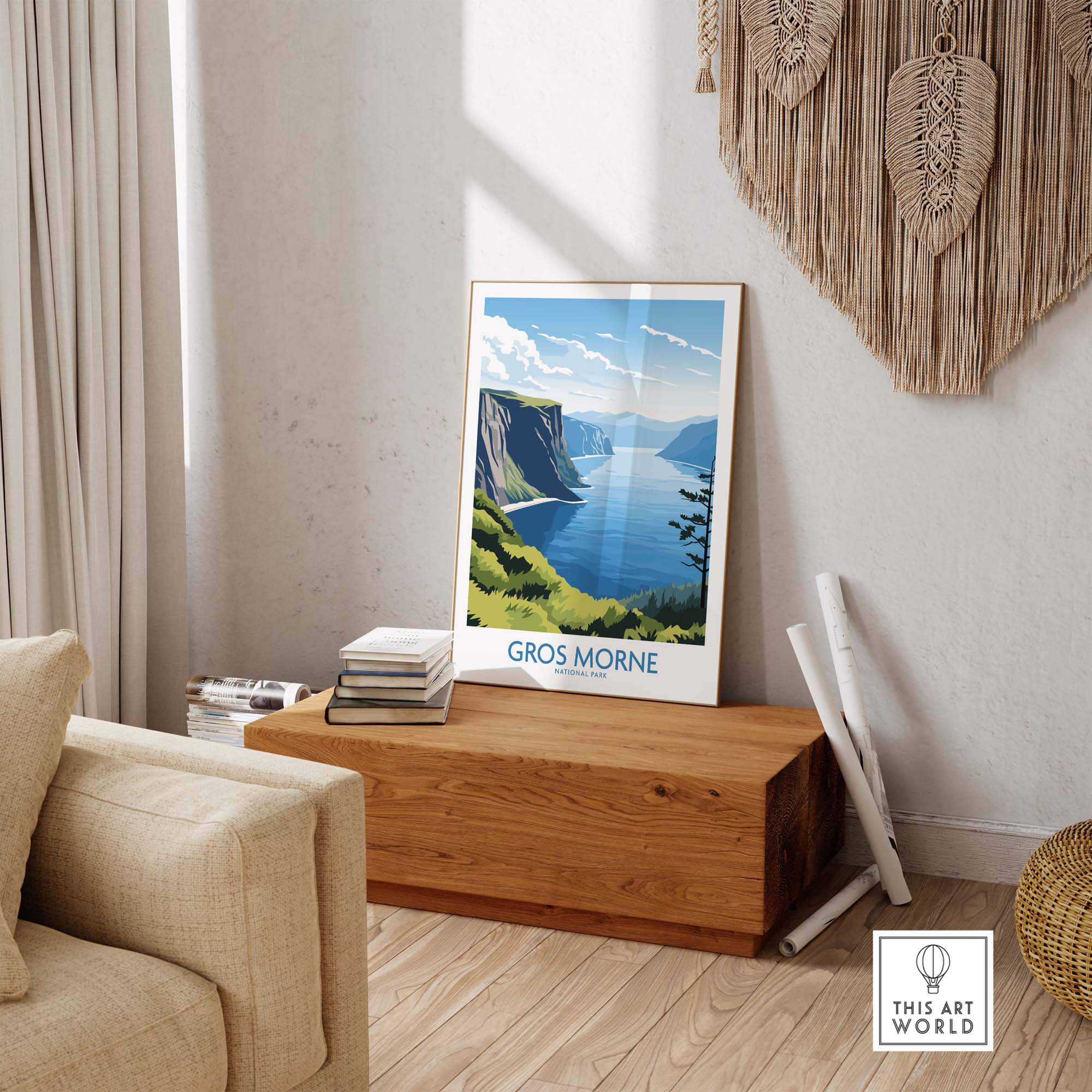 Gros Morne National Park poster in modern living room decor, scenic landscape wall art