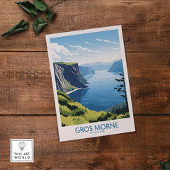 Gros Morne National Park travel poster print with cliffs and ocean on wooden background