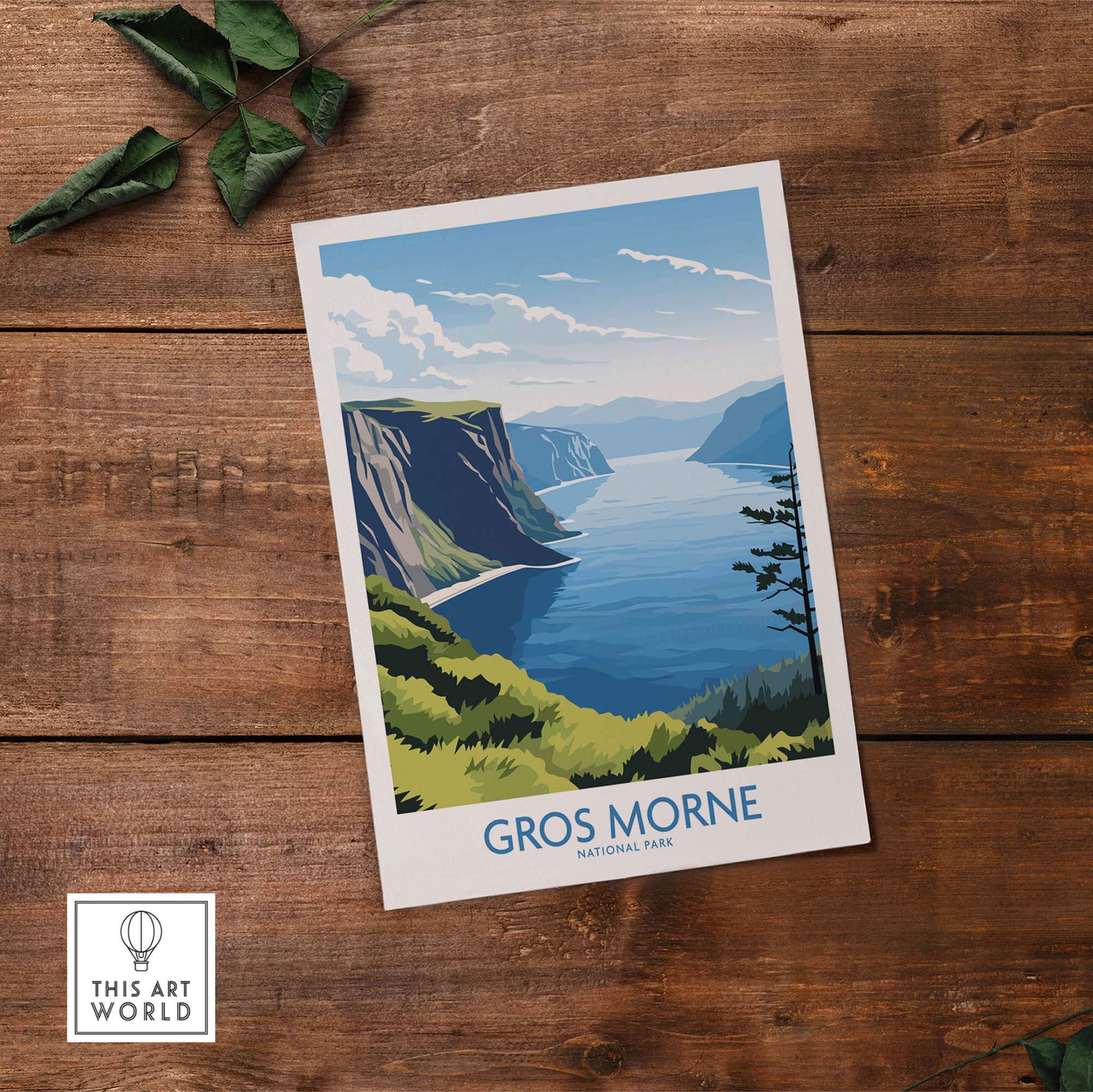 Gros Morne National Park travel poster print with cliffs and ocean on wooden background